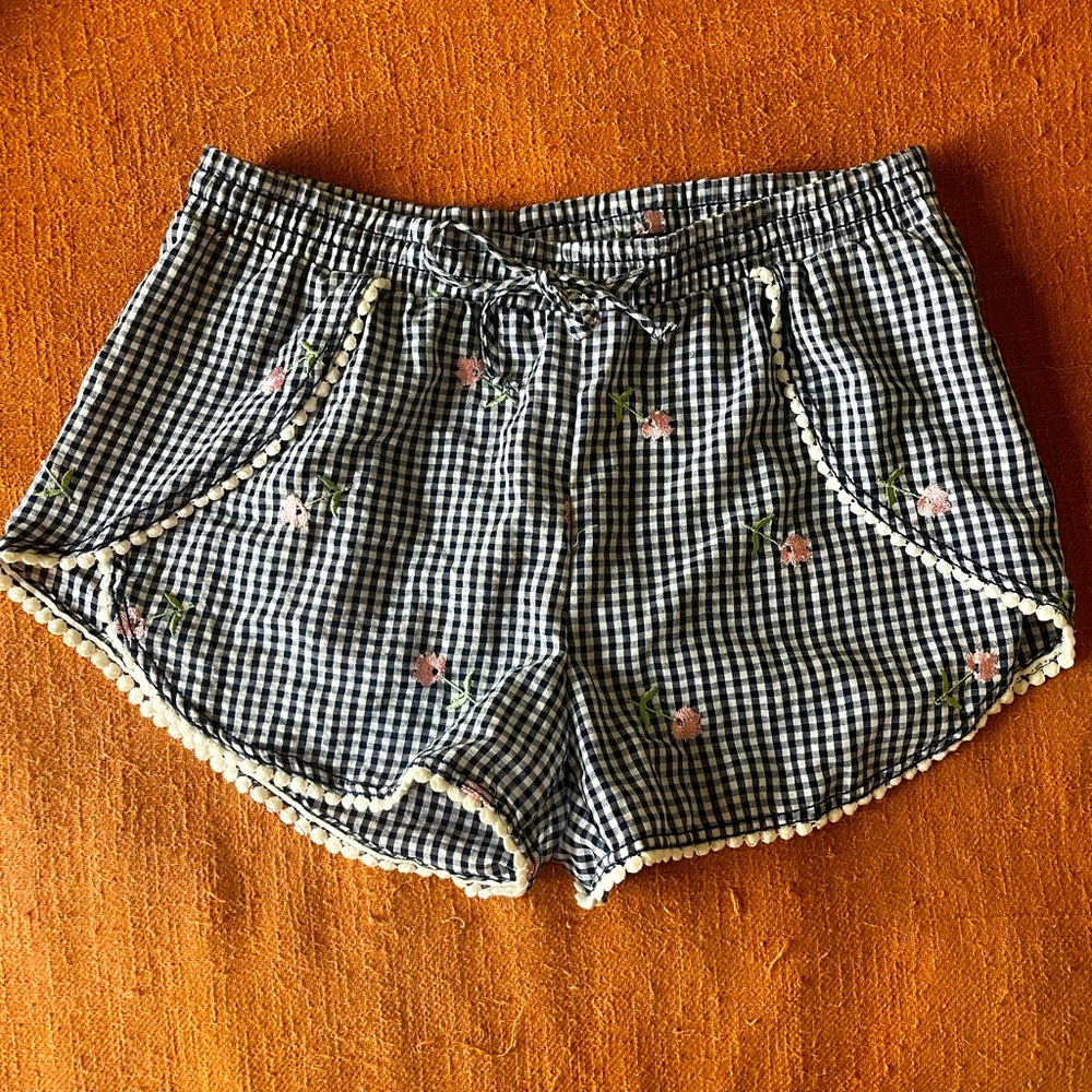 Navy Gingham tie waist shorts with pink flower embroidery